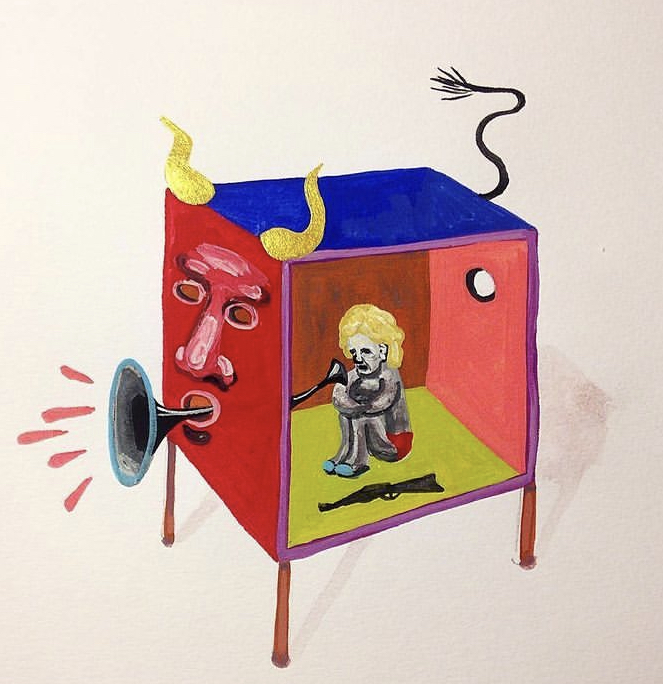 Painting of a person with agun next to him hiding inside bull-shaped box
